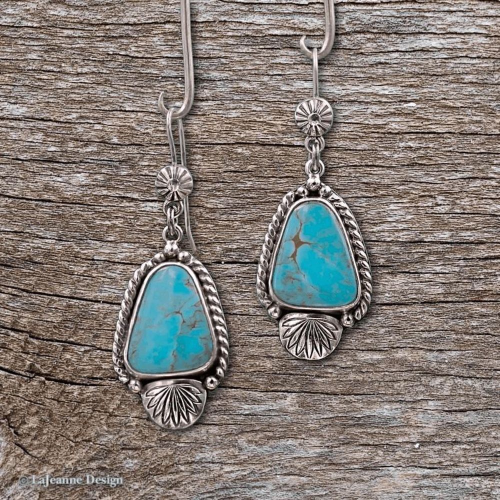 SILVER TURQUOISE WESTERN BOHO TRIBAL DANGLE EARRINGS - Picture 3 of 3